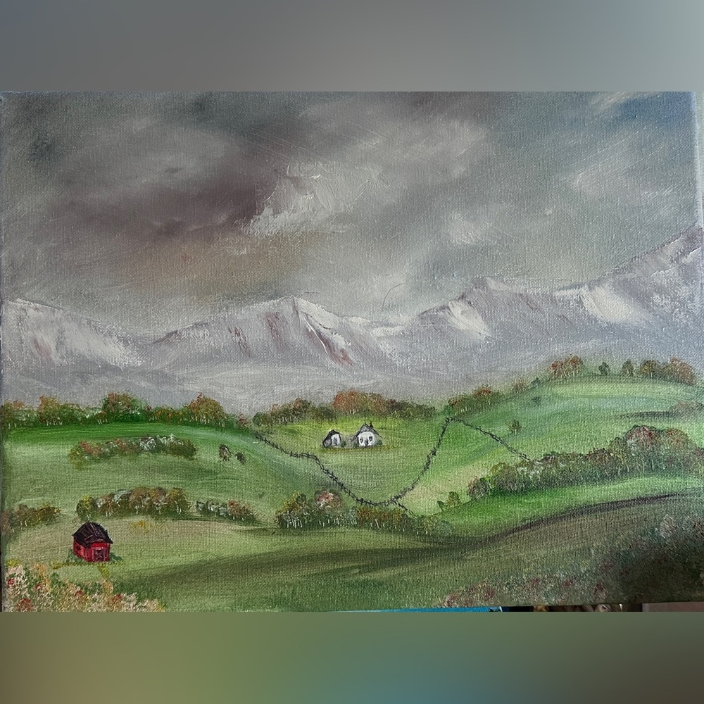 Landscape Canvas Painting with Green and Gray Tones
